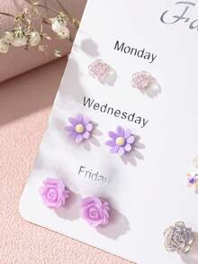 6 Pairs Purple Tone Stud Earrings Set, Bow, Rose, Daisy Mixed Fresh Combination Earrings, Women's Jewelry For Daily Wear, Party, Gathering, Gift - Mauve Purple - View 4