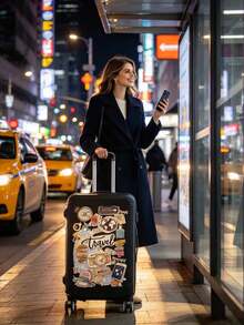 Travel Sticker Printed Elastic Luggage Cover, Suitable For 18-24 Inch Suitcases. Made Of Elastic Fabric, Scratch-Resistant And Dust-Proof, With Handle And Opening Design, Ideal For Air Travel, Business Trips, And Vacations, Especially Suitable For Business People Who Travel Frequently, Protecting Luggage From Scratches And Dust. - Multicolor - View 2