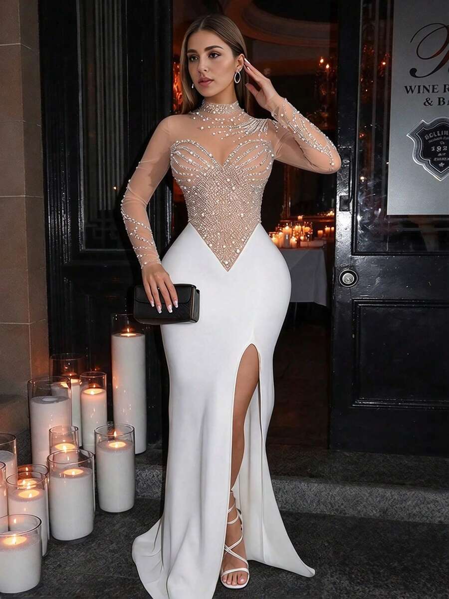 Women's Solid Color Mesh Rhinestone Embellished Slit Maxi Dress, Holiday Party Gown, Wedding Guest Dress, Formal Evening Gown Fall