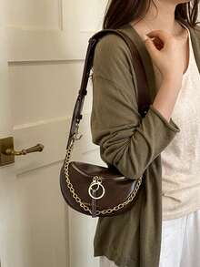 Fashion Solid Color PU Shoulder Bag, Crossbody Bag, Metal Chain Decoration, Suitable For Women Shopping, Dating, Gifts And Daily Use - Coffee - View 4
