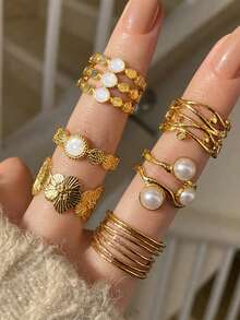 6pcs Fashion Minimalist Elegant Floral Oil Drop Faux Pearl Ring Set For ...