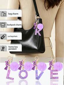 1 buah Gantungan Kunci Huruf dengan Rumbai Bola Bulu Ungu Lucu dan Liontin Gantungan Kunci Kupu-kupu, Cocok untuk Anak Perempuan, Digunakan untuk Tas Wanita, Dompet, Dekorasi Gantungan Kunci Mobil, Hadiah untuk Pacar - Purple - View 6