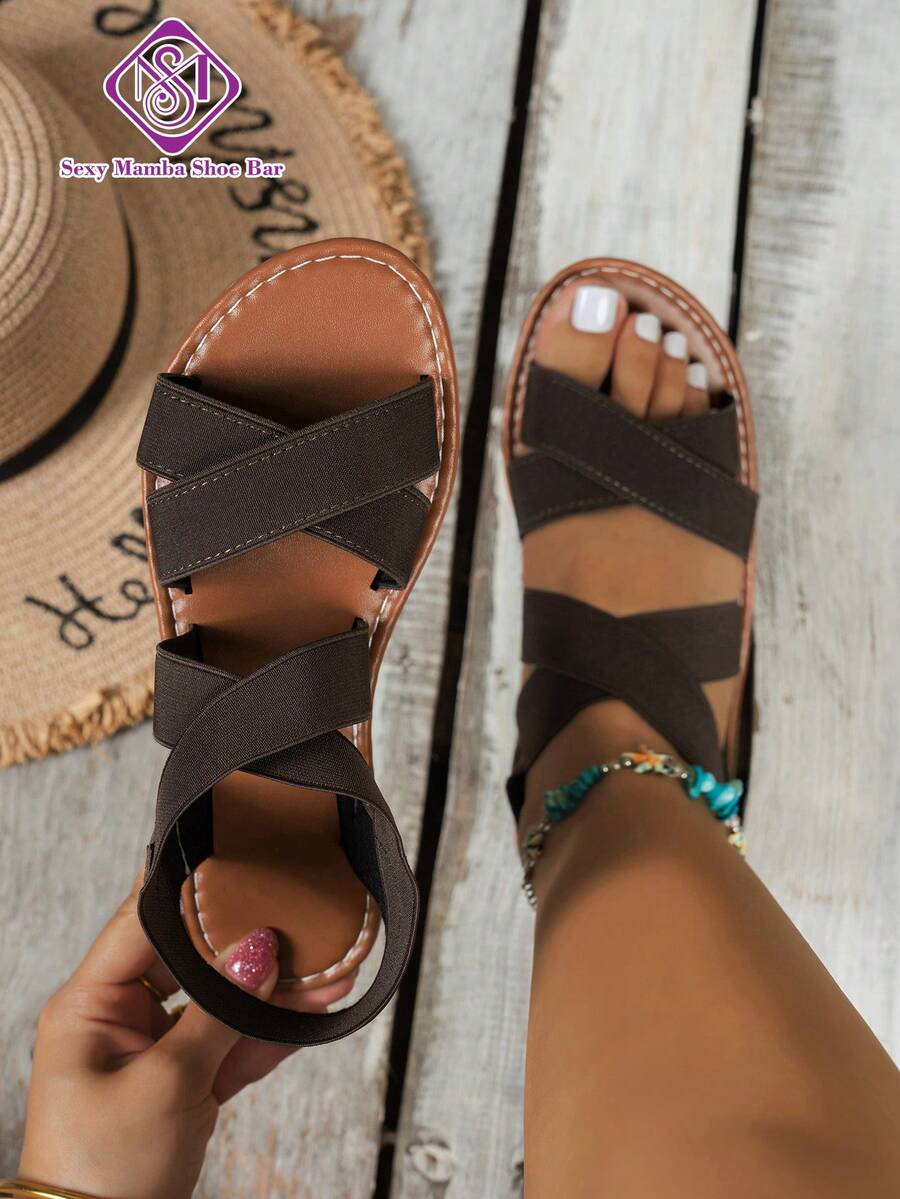 Women's Wide Fit Cross Elastic Strap Flat Sandals, Minimalist Casual Outdoor Beach Solid Color Flat Sandals - Coffee Brown - View 1