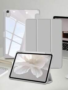 1件裝 壓克力三折式柔軟觸感布面灰色平板保護殼，適用 iPad Mini6/7/Air/Air2/9.7/10.2/10.5/10.9(Air4-Air8)/Pro 11/10th Gen/A16/Pro11 2024/12.9/Pro13 2024 機型，純色平板保護殼，壓克力背殼，三折支架，自動休眠/喚醒，內建筆槽，不含筆，部分機型附相機框 - 灰色 - 查看 2