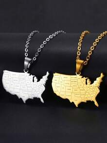 Stainless Steel USA Map Pendant Necklace For Men & Women, Mirror Polished, Waterproof, Tarnish Resistant, Durable, Golden Tone Option - Silver - View 5