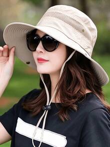 1pc Women's Wide Brim Bucket Hat With Adjustable Chin Strap And Hollow Mesh Top, Suitable For Outdoor Hiking And Fishing - Beige - View 7