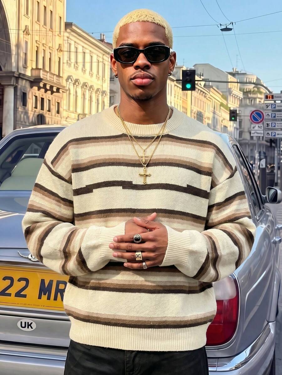 BLACKTOEXIT American Vintage Earth Tone Striped Men's Knit Sweater, Beige Base With Brown Horizontal Stripes, Loose Fit Crew Neck Pullover, Autumn/Winter - Apricot - View 1