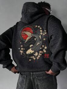 Men's Autumn/Winter Koi & Cherry Blossom Large Back Print Distressed Washed Hoodie Sweatshirt Pullover Pocket Vintage Top - Black - View 2