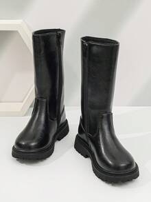 Sepatu Bot Tinggi Hitam untuk Anak Perempuan, Desain Warna Polos Minimalis dengan Resleting Samping, Mudah Dipakai dan Dilepas, Sol Tebal Anti Selip dan Tahan Aus, Sepatu Bot Panjang Modis Serbaguna Gaya Inggris Musim Gugur/Musim Dingin - Hitam - View 4