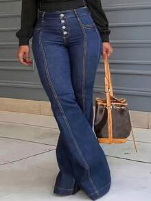Quần jean ống loe cạp nút co giãn cao size lớn cho nữ, quần denim đường may trước mùa Thu/Đông - Màu xanh lam - Xem 1