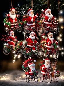8pcs/Set Santa Claus Riding Bicycle Wooden Ornaments - Artificial Material, Suitable For Home Christmas Tree Decoration, Santa Claus With Hanging Rope Gift Pendant, Suitable For Christmas Tree And Housewarming Holiday Decorations - Santa Claus Wooden Ornament - View 2