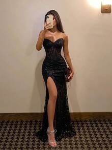 ADYCE Elegant V-Neck Sequin Embroidered Hollow High Waist Side Slit Backless Wedding Guest Dress, Suitable For Prom, Party And Banquet, Christmas Black - Black - View 2
