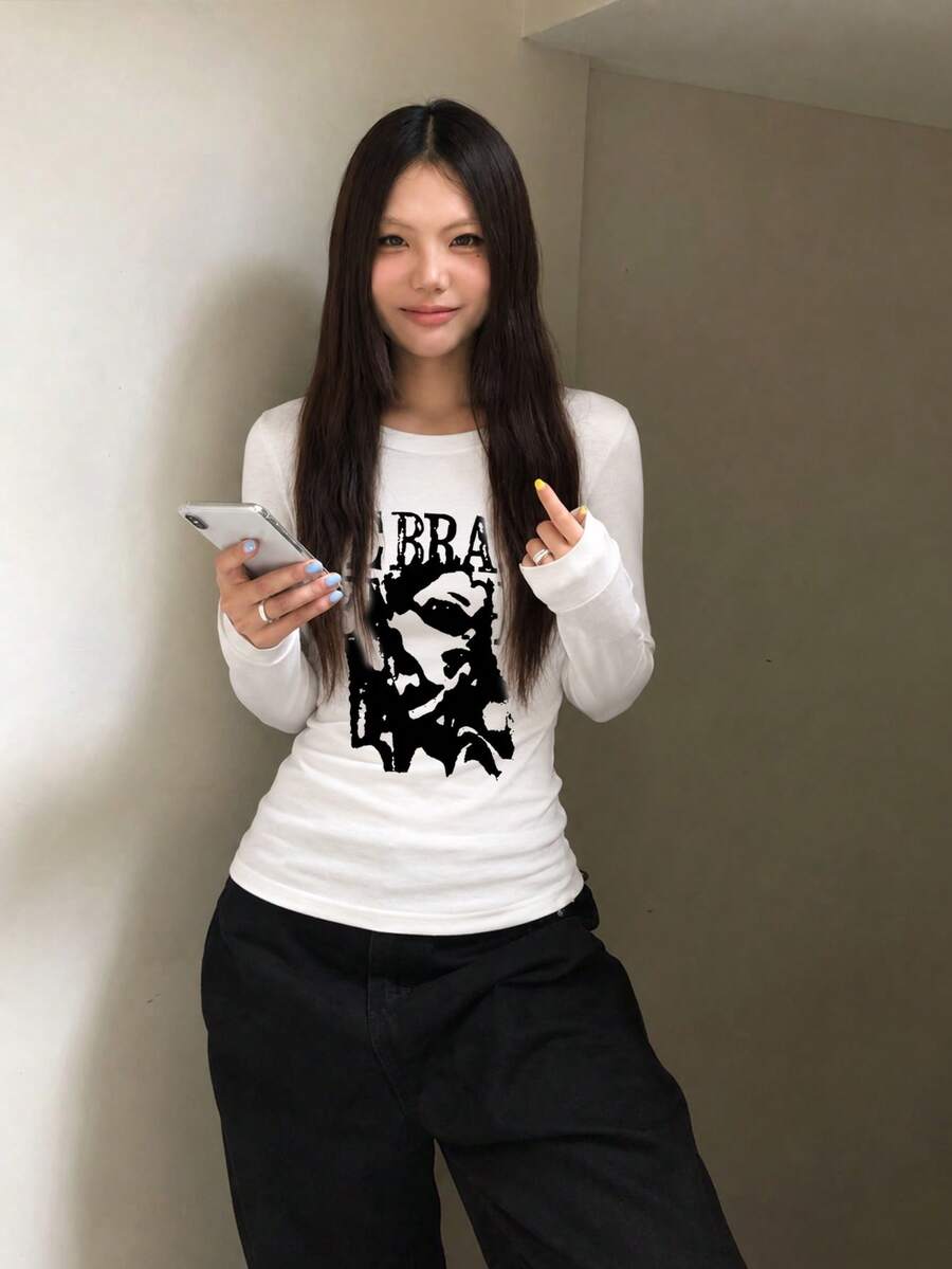 女款時尚秋冬修身舒適休閒極簡百搭字母印花長袖T恤,適合季節穿搭 - 本四郎 - 查看 1