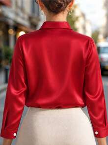 Fashion Plus Size Women's New Arrival All Season Casual Satin Button-Up Shirt Red - Red - View 2