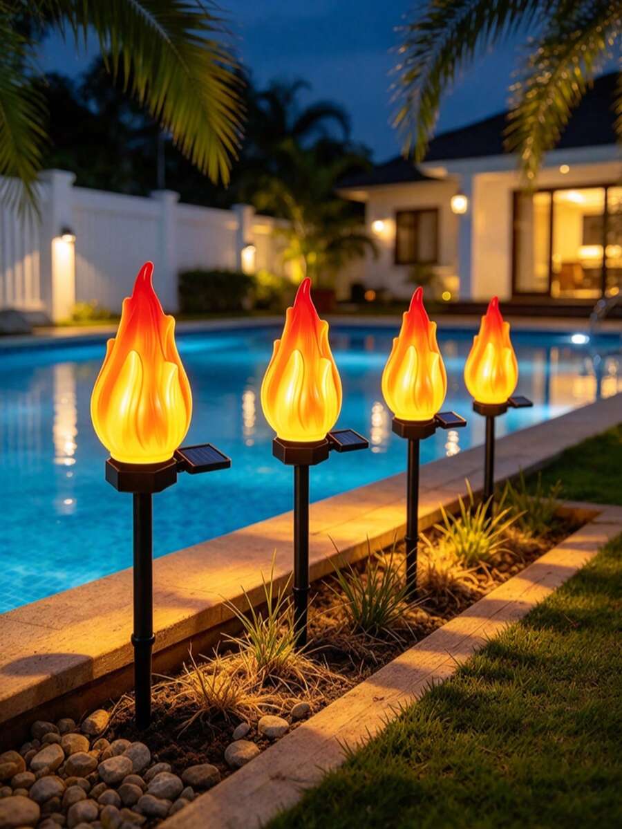 1PC / 4‑Pack Solar Flame Stake Light, LED Flickering Simulation Lawn Lamp, Waterproof Outdoor Landscape Decor Light For Garden, Yard, Pathway, Patio, Camping Ambient Lighting - Multicolor - View 1