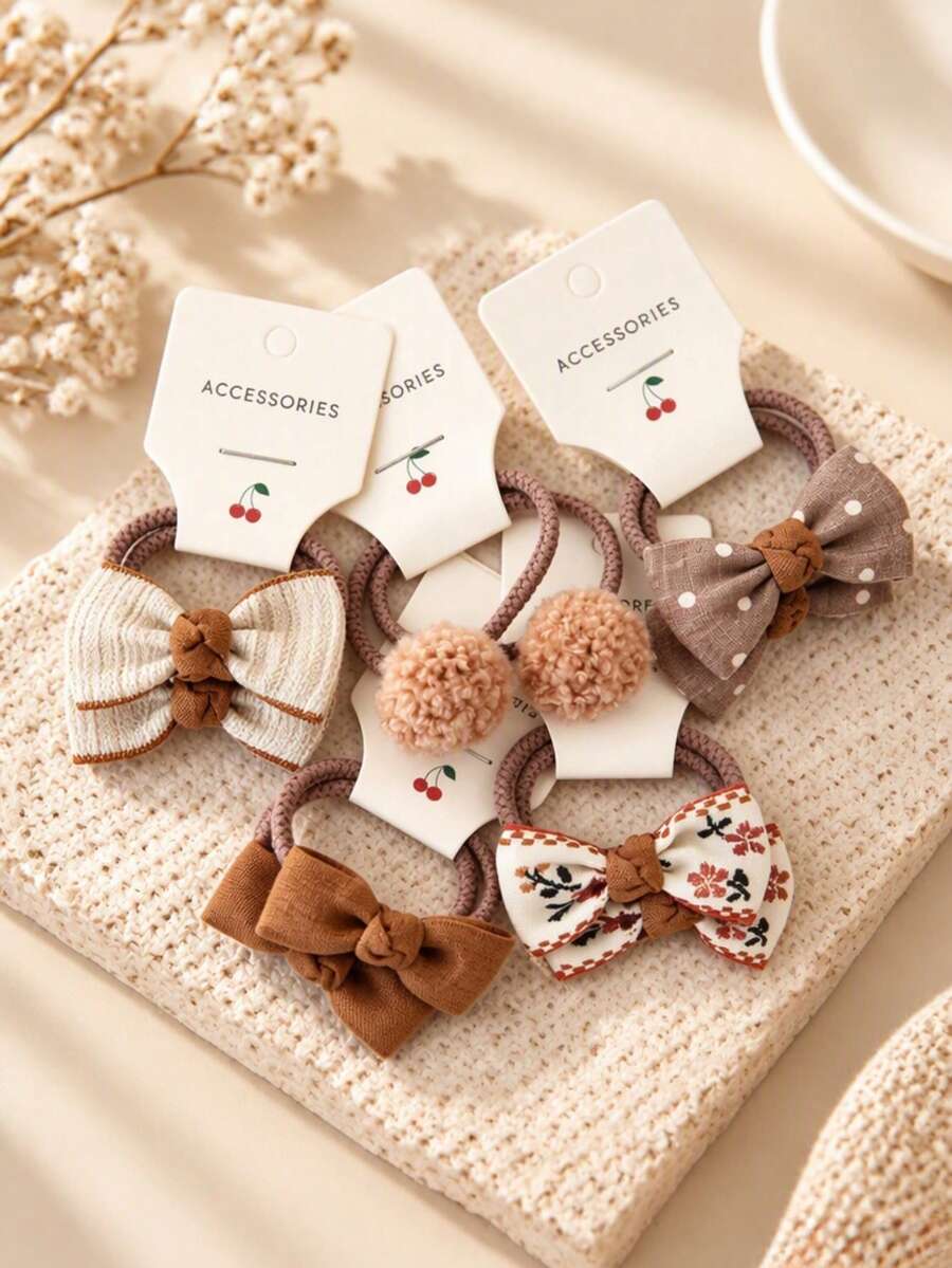 10-Piece Set Of Little Girl's Bow Hair Ties, Checkered Flower Pom-Pom Elastic Headbands, Suitable For Children's Everyday Hairstyles.