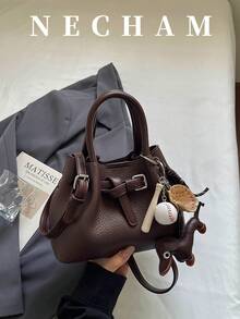 1件小眾設計帶扣手提包，拼色女款斜挎包，布料與PU材質，適合上班、購物、約會、旅行（不含吊飾） - 咖啡 - 查看 5