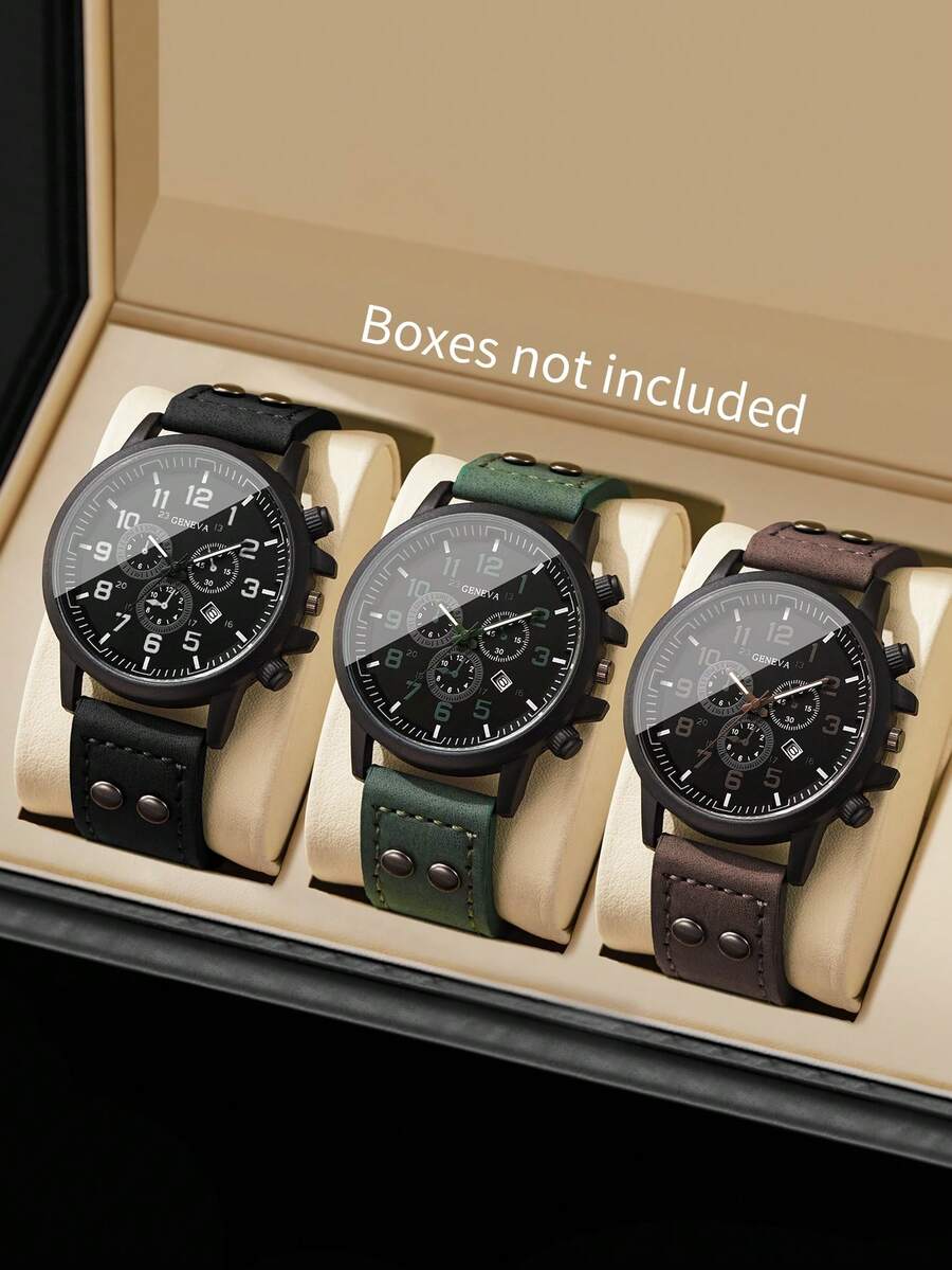 Men's Gift Watch PU Strap Classic Three-Eye Digital Calendar Dial Sports Outdoor Casual Quartz Wristwatch, Gift For Boyfriend (3pcs/Set) Watch Box Not Included - Multicolor - View 1