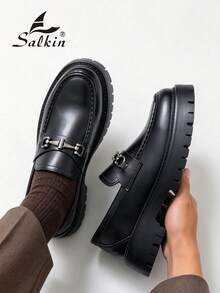 Salkin 男士设计师款套脚乐福鞋，英伦风，柔软舒适，圆头设计，优雅正式的正装鞋，哑光黑，防滑厚底，适合休闲、约会、派对、婚礼、季节性穿着等多种场合。注意：尺码偏小，建议选购大一码。 - 霧面黑 - 查看 1