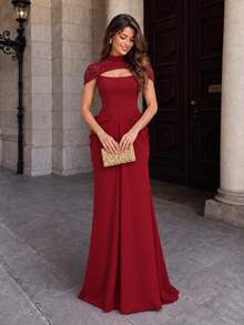 VIPGIRL Burgundy Evening Dress High Neck Beaded Shoulder Cap Cutout Bust Ruched Waist Backless Lace Up Corset A-Line Floor Length Prom Gala Maxi Dress - Red - View 1