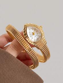 Women's Teardrop Dial Quartz Watch Luxury Gold Tone Snake Wrap Bangle Bracelet Wristwatch Gift For Her Birthday Christmas Valentine's Day - White - View 4