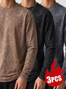 SU ER 3pcs Men's Spring/Autumn Versatile Vintage Washed Distressed Long Sleeve T-Shirts - Multicolor - View 2