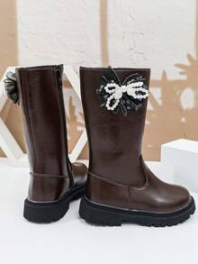 1 Pair Girls' Tall Chelsea Boots, Soft PU + Side Mesh Bow Material, Elastic Soft Sole With Inner Zipper Design, Simple Classic Princess Style High-Top Boots, Suitable For Daily Wear, School, Holidays, Autumn/Winter New Arrival - Coffee Brown - View 4