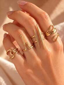 4pcs/Set Women's Gold Minimalist Geometric Open Rings, Asymmetrical Unique Design, Suitable For Daily Wear And Party - Gold - View 5
