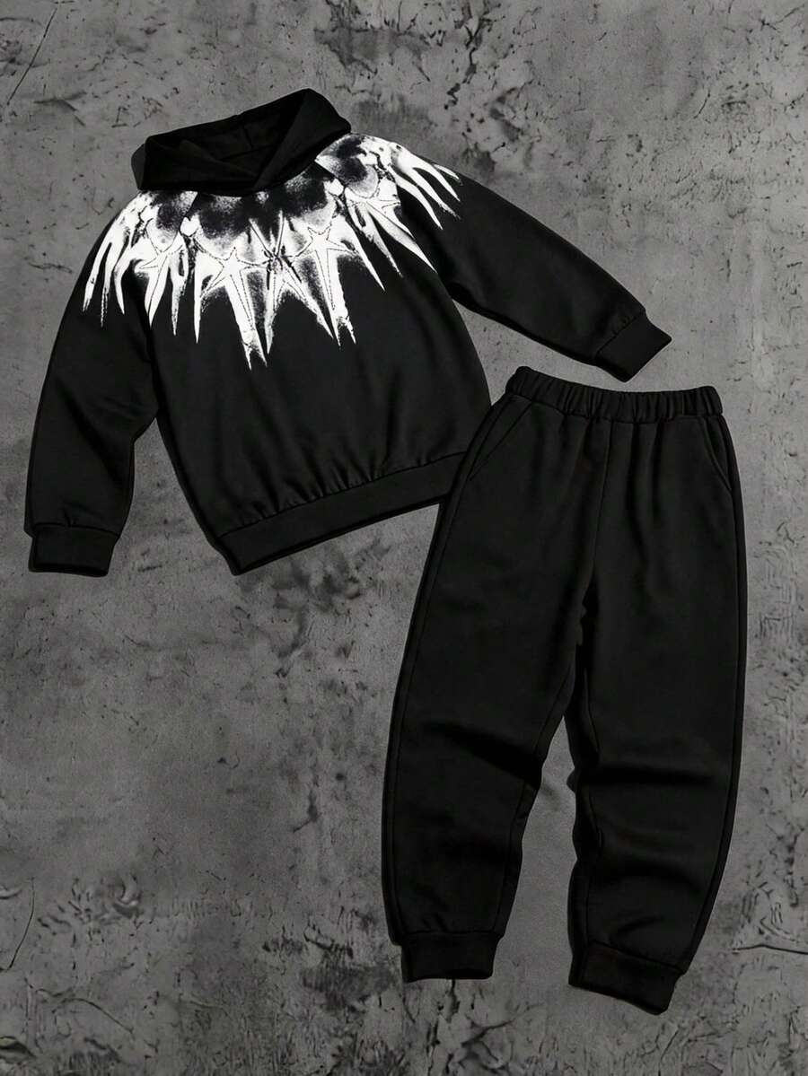 Vihyde Tween Boys 2 Pieces Outfit, American Street Style Star Print Hoodie & Jogger Pants Set, Fall Winter Casual Tracksuit - Black - View 1
