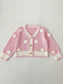 Autumn/Winter New Baby Girls' Clothing, Exquisite Handmade 3D Floral Sweater Jacket, Gentle Elegant V-Neck Knit Cardigan - Pink - View 6