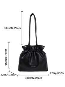 Men's Black Wrinkled PU Tote Bag, Large Capacity, Minimalist Commuter Shoulder Bag, Soft Texture, Drawstring Design, Versatile Handbag For Daily Travel - Multicolor - View 4