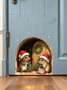 1pc Christmas Mouse Hole Wall Sticker - Cute Christmas Mouse Decoration With Mini Christmas Tree Pattern, Wooden Christmas Theme Mouse Semi-Circular Mouse Pattern Decorative Sticker, Realistic Mouse Hole Door Sticker, Removable Home Decor Sticker (Suitable For Cabinet Doors And Christmas Holiday Decoration), Christmas Baby Shower Party Decoration - Multicolor - View 3