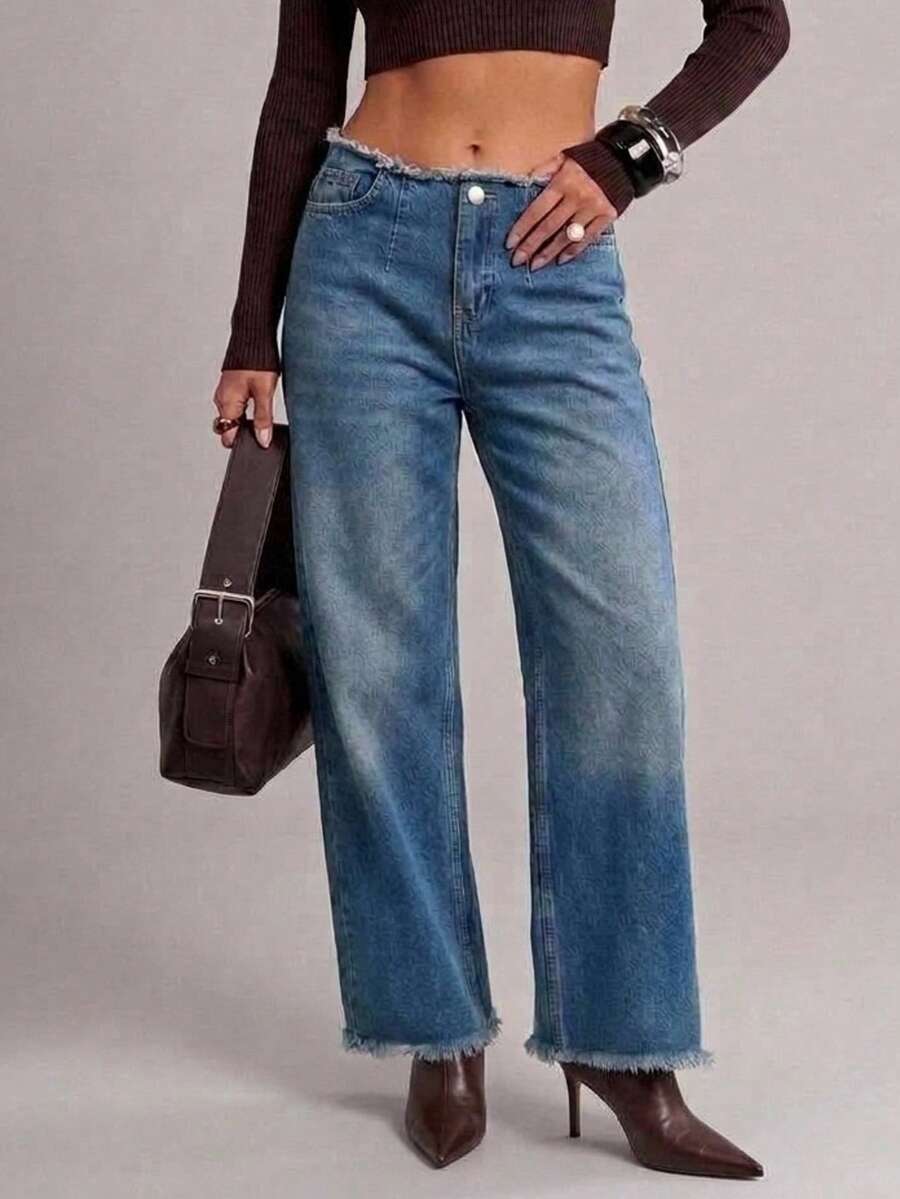 Damns moderna högmidjade jeans med fransdetaljer - Marinblå - Visa 1