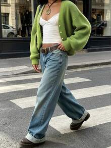 FOR BEAUTY Fall Winter Women Sweaters Solid Color Y2K Casual Lantern Sleeve V Neck Button Front Knit Perfect For Going Out, Party & Vacation - Green - View 3