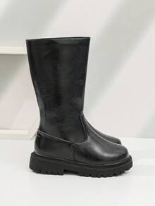 Sepatu Bot Tinggi Hitam untuk Anak Perempuan, Desain Warna Polos Minimalis dengan Resleting Samping, Mudah Dipakai dan Dilepas, Sol Tebal Anti Selip dan Tahan Aus, Sepatu Bot Panjang Modis Serbaguna Gaya Inggris Musim Gugur/Musim Dingin - Hitam - View 5