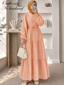 Women's Elegant Solid Color Button Waist Tie Knot Long Sleeve Lantern Sleeve Patchwork Hem Maxi Dress Fall - Coral Color - View 2