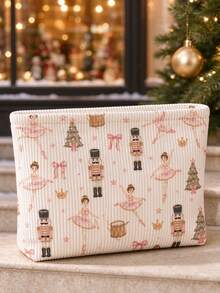 2D Christmas Nutcracker Pattern Corduroy Makeup Bag | Cosmetic Storage Bag | Travel Organizer | Travel Essential | Toiletry Bag | Pool Storage Bag | Halloween Gift | Christmas Gift | Suitable For Moms, Teachers, Friends And Nurses | Autumn Essential | Home Essential | Easy To Clean Design | Portable Makeup Box | College Essential, Holiday Essential, Christmas Gift, New Year Gift - Multicolor - View 5