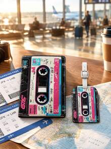 Retro Cassette Tape Theme Theme Passport Holder & Luggage Tag Set,Travel Essential,Suitable For Travel Bags,Backpacks,Birthday,Christmas Gift. - Multicolor - View 9