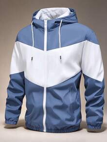 Men's Autumn Colorblock 2 Pieces Sports Set, Hooded Zip-Up Jacket + Side Stripe Jogger Pants, Casual Streetwear Daily Outfit - Blue - View 9