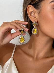 Yellow Teardrop Drop Earrings Bee Antique Metal Color Blocking Boho Vintage - Bee Teardrop Earrings - View 2