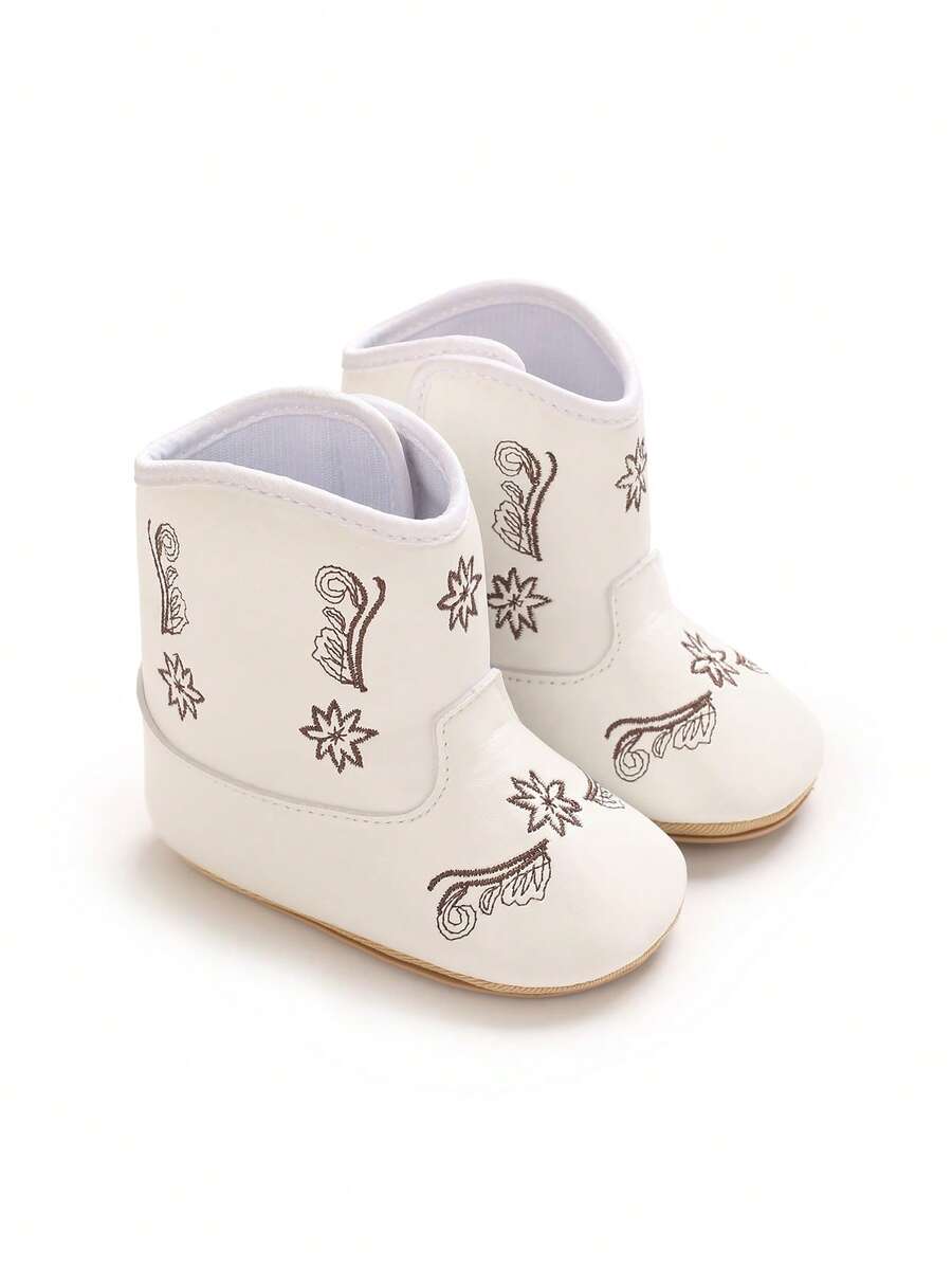 Vintage Floral Embroidered Baby Western Style Leather Boots, White Soft Sole Premium Pre-Walker Shoes - White - View 1