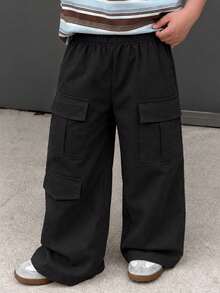 1pc Boys' Multi-Pocket Straight Leg Cargo Pants, Spring/Autumn American Style Casual Trousers - Black - View 7