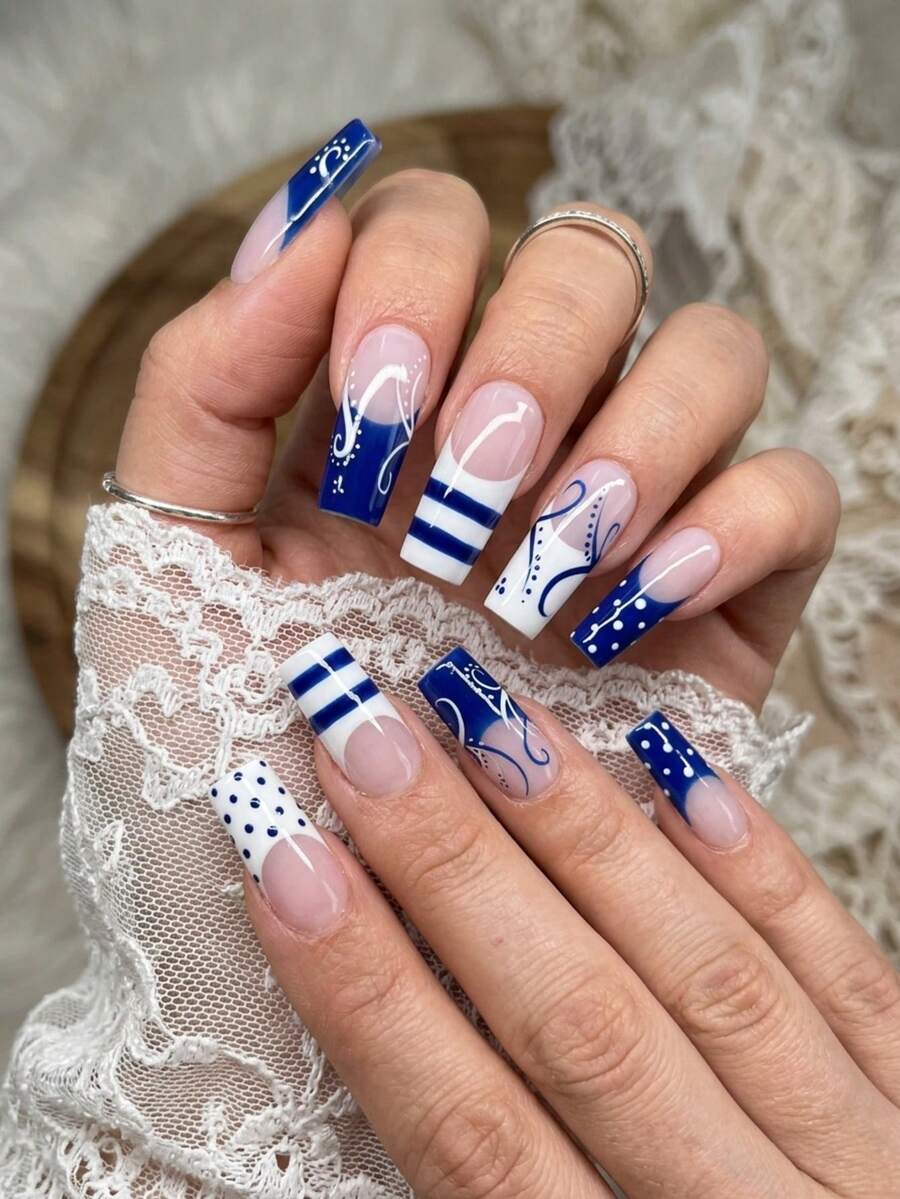 24pcs Medium Length Square Blue French Tip Floral Polka Dot Fake Nails Set, Includes 1pc Jelly Glue And 1pc Nail File, Fall Nails For Women Daily Work, Party And Other Occasions