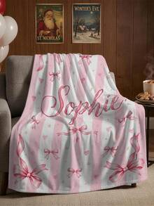 1pc Customized Soft Plush Blanket, Customizable Name, Pink Striped Heart Bow Print Design, Personalized Name Blanket, Personalized Gift For Family, Customized Commemorative Gift For Wife And Husband, Very Suitable For Home Use Warm Blanket, Customized Plush Blanket For Wife On Valentine's Day - Multicolor - View 6