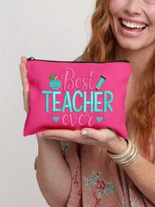 The Best Teacher Letter Design Ever, Apple Pencil Pattern Striped Zipper Makeup Bag, Travel Toiletry Bag, Large Capacity Storage Bag, Coin Purse, Suitable For Easter, Teacher's Day, Birthday, Gift For Sisters, Christmas - Multicolor - View 14