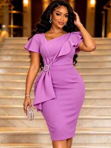 AOMEI Women's Elegant Asymmetric Collar Layered Ruffle Mid-Length Dress, Short Sleeve Large Bow Fitted Formal Party Wedding Guest Gown - Lilac Purple - View 5