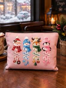 Christmas Print Makeup Bag,Santa Snowman Reindeer Penguin Pattern Cosmetic Bag,Zipper Makeup Pouch Travel Toiletry Bag,For Christmas Birthday Gifts - Multicolor - View 4