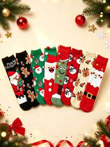 1/4/7 Pairs Christmas Themed Mid-Calf Socks, Santa Claus Snowman Reindeer Gingerbread Man Print, Unisex Holiday Atmosphere Soft Christmas Gift Socks For Women - Multicolor - View 2