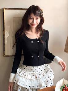 2026 Square Neck Double-Breasted Gold Button Ribbed Knit Cardigan, Black & White Contrast Color Fuzzy Cuffs Short Slim Fit Flattering Long Sleeve Jacket - Black - View 3