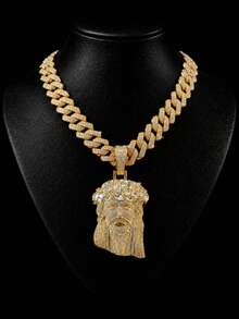 European And American Hip Hop Full Diamond Jesus Head Pendant Cuban Chain, Gold And Silver Dual Color Optional, Personalized Street Style Rhinestone Men's Rap Necklace - Jesus - View 3